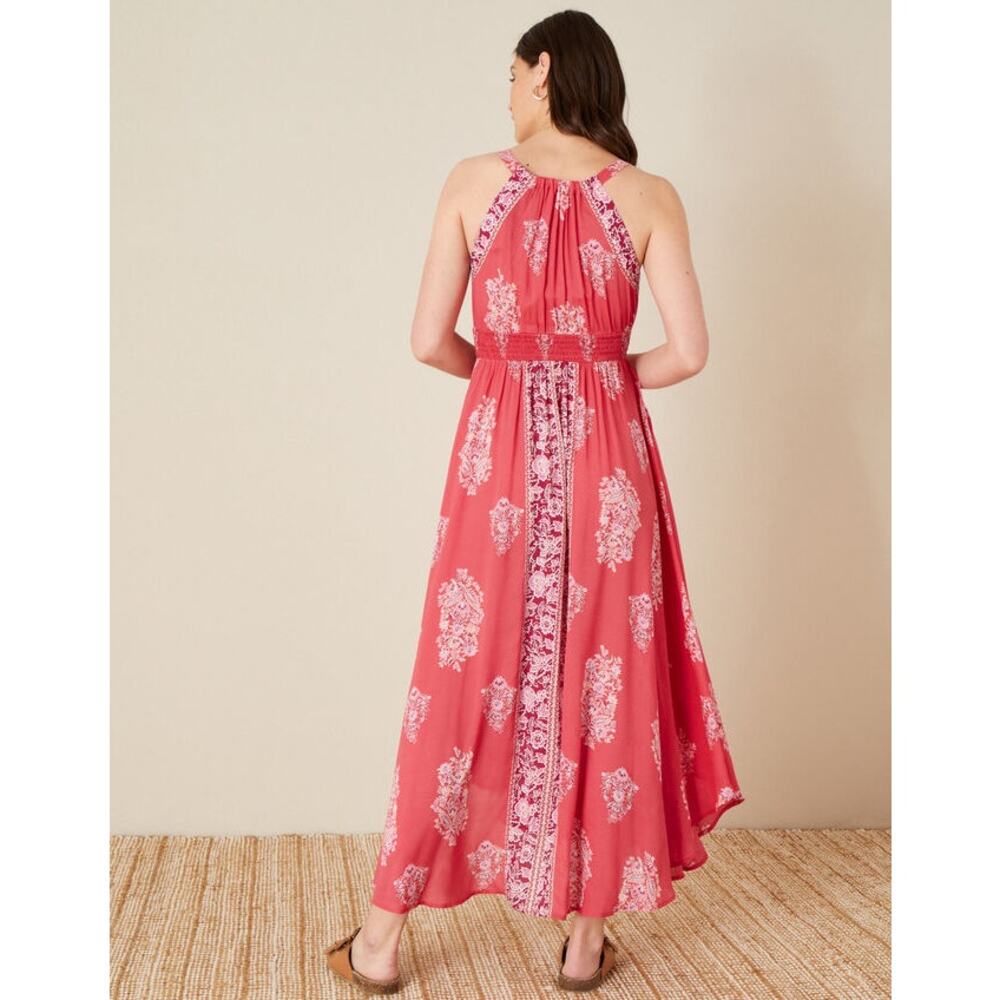 NEW Monsoon Beach Boho Floral Print Maxi Dress Red Pink Coral Flowy Sleeveless - Picture 3 of 12